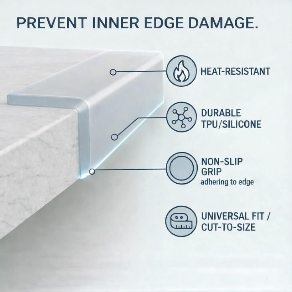 Counter Guard on a countertop edge, showing heat-resistant TPU/silicone, non-slip grip and universal cut-to-size fit